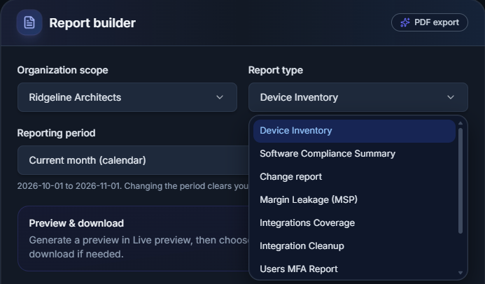 InventoryOS report builder with the Report type menu open and Change report listed