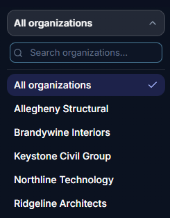 Organization switcher showing multiple client environments.