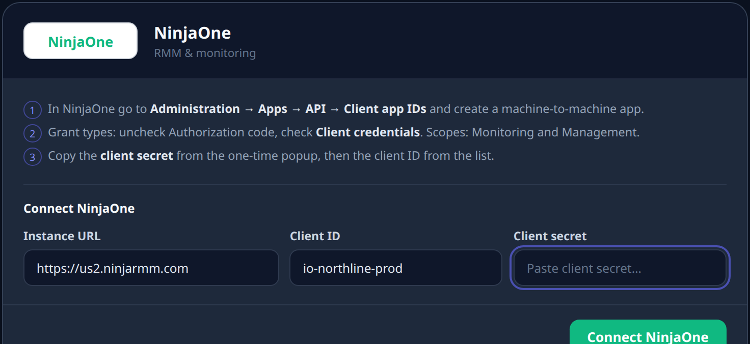 InventoryOS NinjaOne integration with instance URL, client ID, and client secret fields.